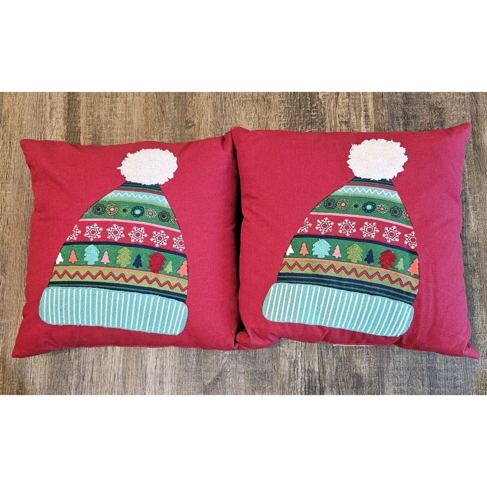 Christmas Throw Pillows Set Of 2 Winter Hat Holiday Decor Farmhouse Cottage Cozy